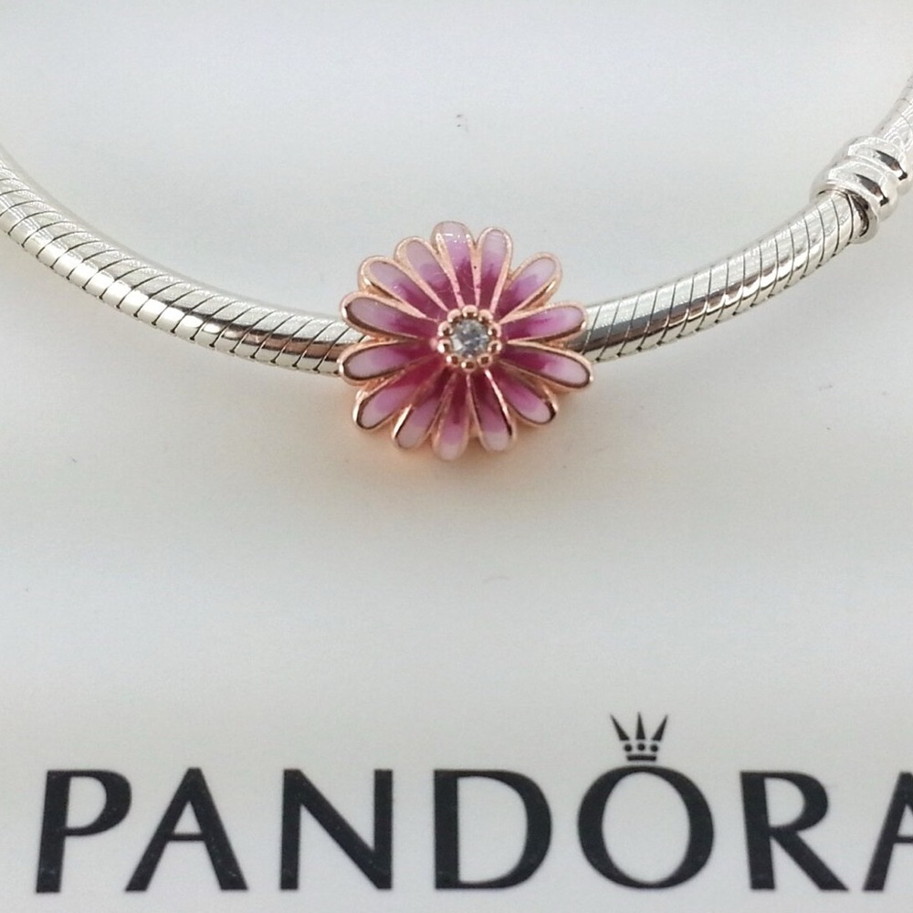 PANDORA Silver Bracelet with Pink Flower Charm w/Box